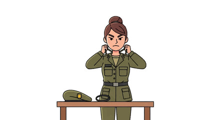 Woman soldier in uniform preparing her equipment