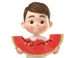Cheerful Cartoon Boy Holding Watermelon Slice.