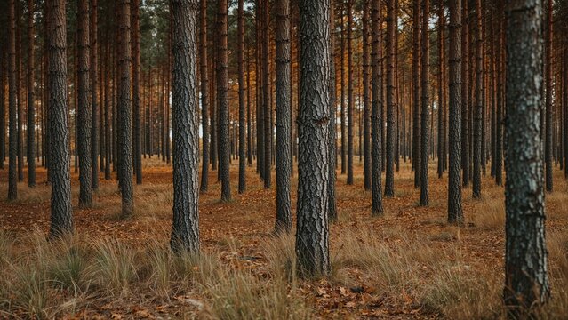 A dense forest with tall trees and brown foliage, showing a peaceful woodland scene with traditional trees and ground cover.