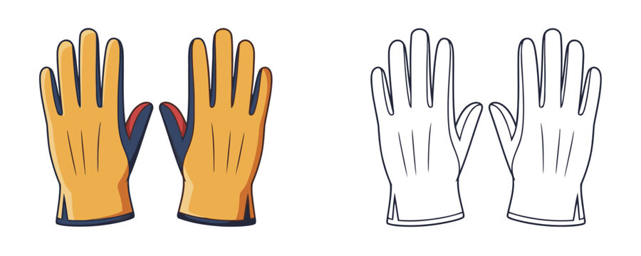 Colored and outline drawing of a pair of orange yellow work gloves illustration with  trim on a white background