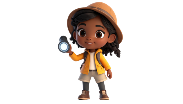 Cartoon Girl Explorer With Magnifying Glass And Hat.