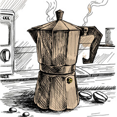 Vintage Moka Pot Coffee Maker Illustration Black and White Sketch Art Beverage Preparation Device With Steam Rising From Spout Detailed Drawing