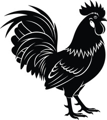 Black rooster silhouette vector illustration, farm animal icon isolated on white background, standing male chicken bird for agriculture logo and rural design.