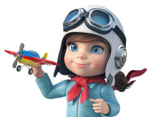 Cheerful little girl pilot with toy airplane.