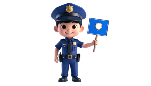 Cartoon Police Officer Holding a Blue Sign Illustration.