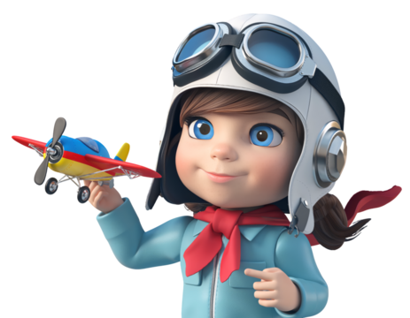 Cheerful little girl pilot with toy airplane.