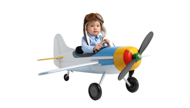 Young Child Sits In Toy Airplane For Playful Flight.