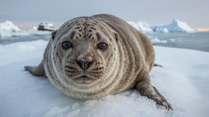 A seal resting on ice in a polar environment with icebergs and cold waters in the background.