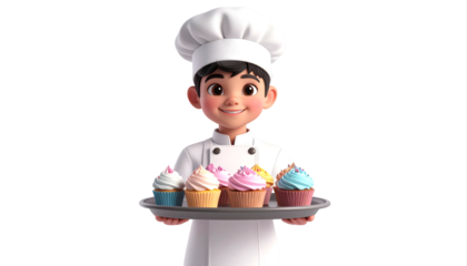Young chef character presenting colorful cupcakes tray.