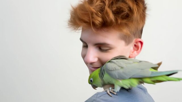 Young woman with red hair interacting with a green parrot on her shoulder, showing affection and bond, footage