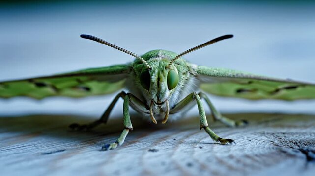A close-up, front-facing image of a vibrant green moth with detailed wings and antennae