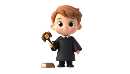 Cartoon boy in gown holding a gavel.
