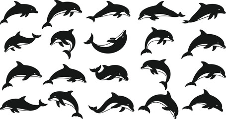 Dolphin silhouette vector collection, playful black marine mammal icons isolated on white background, jumping and swimming ocean animals for sea life design.