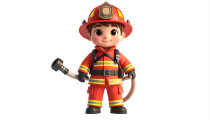 Cartoon Firefighter In Red Gear Holding Axe.