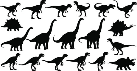 Dinosaur silhouette vector collection, black prehistoric animal icons including T-Rex and Brachiosaurus, isolated on white background for jurassic era logo design.