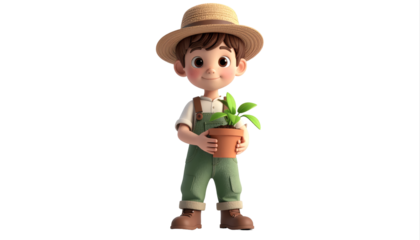 Cartoon Farmer Figurine Holding Plant in Pot.
