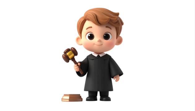 Cartoon boy in gown holding a gavel.