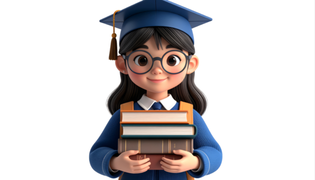 Young graduate student wearing cap and gown holding books.