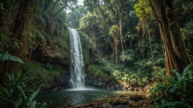 A lush jungle scene with a waterfall flowing into a serene pool, surrounded by dense green trees and tropical plants.