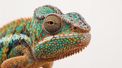 Close-up of a colorful chameleon with textured skin and prominent eye.