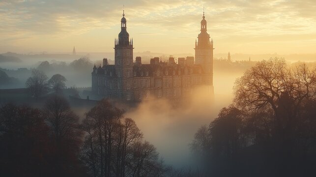 Majestic castle shrouded in a mystical fog at sunrise