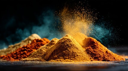 Colorful spices arranged artistically on a dark surface create an inviting scene for culinary exploration