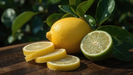 Lemon and lime on wooden surface with leaves, fresh citrus fruits, sliced and whole, for healthy eating and cooking.