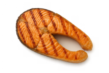 Grilled salmon steak showing grill marks, fresh cooked fish ready for eating healthy balanced diet meal