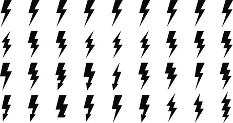 Lightning bolt vector set, black electric thunder icons, and flash storm symbols isolated on white background for energy power and high voltage design.