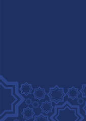 Minimalist dark blue background featuring an ornamental Islamic geometric star pattern border at the bottom. Vector illustration suitable for Ramadan, Eid Mubarak, Muslim religious event greetings, or