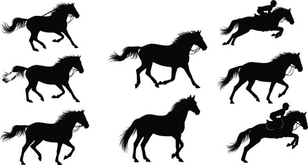 Running horse silhouette vector set, jumping stallion icons, and equestrian riders isolated on white background for racing sport and farm animal design.