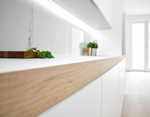 Foreground counter line with smooth kitchen backdrop white