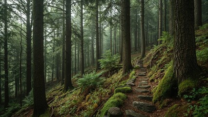 Obraz premium A forest trail with trees and moss-covered ground in a lush green woodland setting.