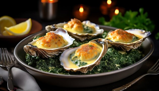 oysters rockefeller creamy spinach topping baked to perfection classic elegance generative ai