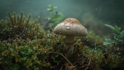 Fototapeta premium A mushroom growing in a mossy forest with dew drops on its cap. Nature and fungi, concept. Forest ecology and plant life. The concept of growth and natural environment