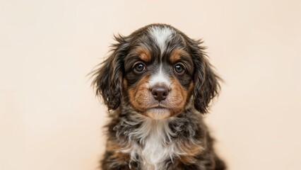 Adorable puppy dog with fluffy fur and expressive eyes on a plain background.