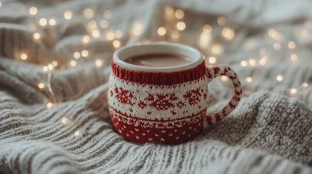 Cozy holiday mug filled with warm beverage surrounded by soft blanket and twinkling lights in a comfortable setting