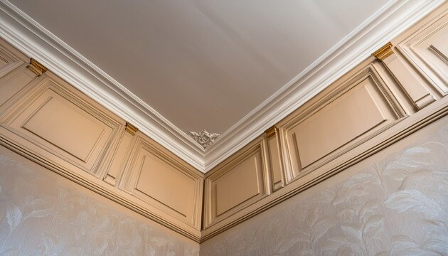 ceiling corner with detailed molding and trim in a room with neutral wall colors