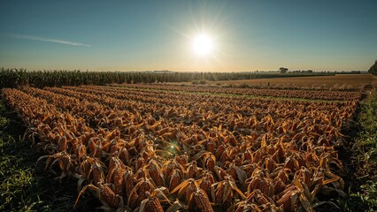 Sunset over a harvested cornfield with dried cobs and a clear sky. Agricultural landscape and farming scene. The concept of rural farming and harvest.