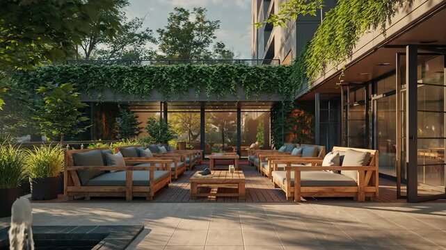 Sunny Outdoor Lounge Terrace with Modern Cushioned Seating.