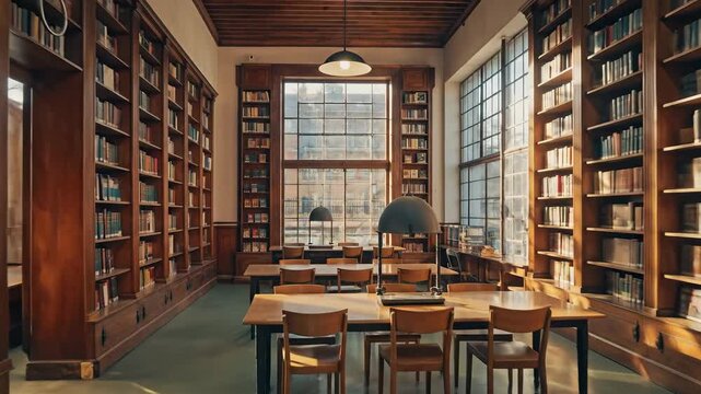 Cozy Library Interior with Wooden Shelves and Reading Desks.