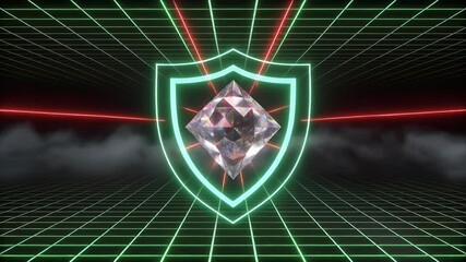 Digital diamond shield protection concept, retro synthwave neon grid background, cyber security and blockchain technology 3D animation loop. - Powered by Adobe