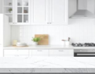 Faded soft kitchen mood behind counter foreground white