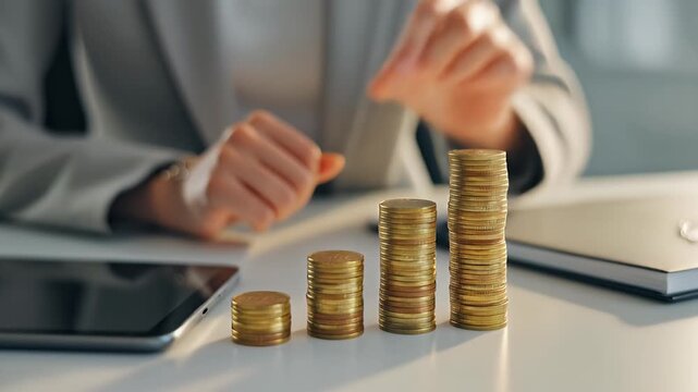 Businesswoman hands stacking gold coins on office desk with tablet, financial growth concept, investment planning, saving money, economic increase, wealth management, profit rising step by step.