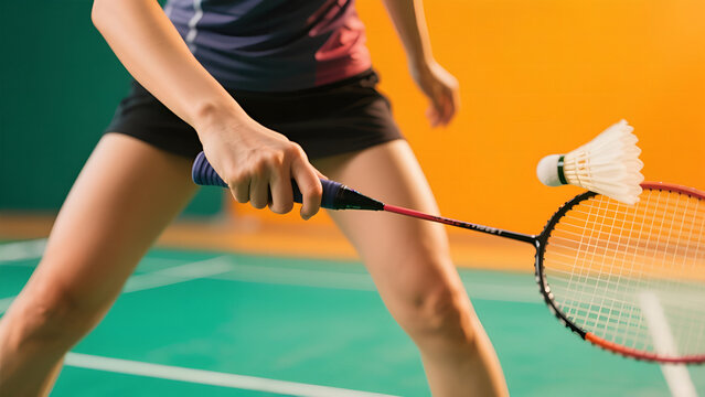 Close-up of a badminton player in action, holding a racket and hitting a shuttlecock on an indoor court.