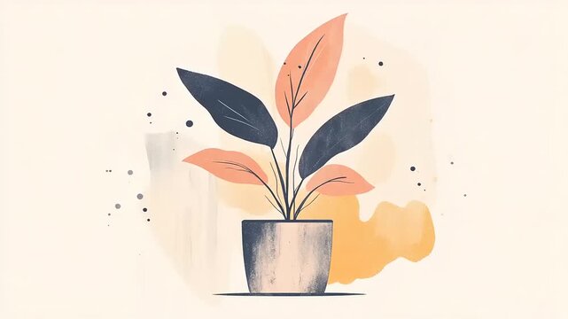 Botanical art illustration of a potted houseplant with abstract watercolor background in warm, earthy tones