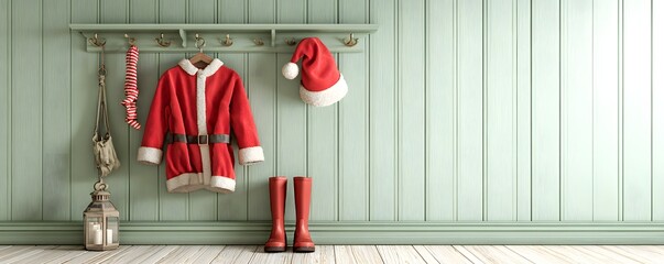 Santa outfit hanging neatly in cozy pastel holiday home interior