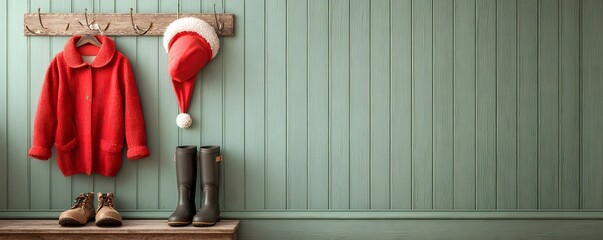 Santa outfit hanging neatly in cozy pastel holiday home interior