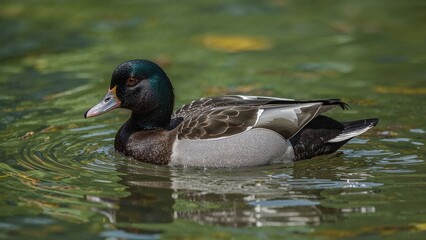 Obraz premium A duck swimming on water with reflections and gentle ripples.