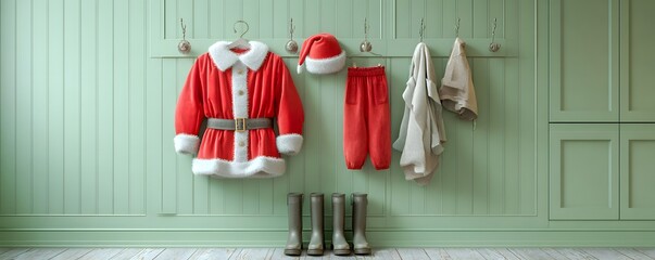 Santa outfit hanging neatly in cozy pastel holiday home interior
